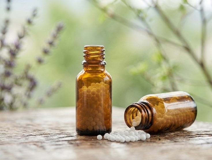 Medicamentos homeopáticos em frasco âmbar com glóbulos